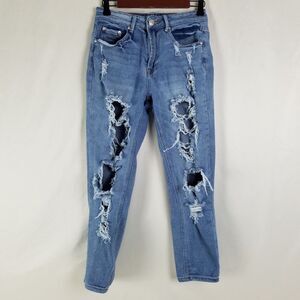 Almost Famous Jeans Juniors 3 Blue‎ High Rise Boyfriend Destroyed Denim